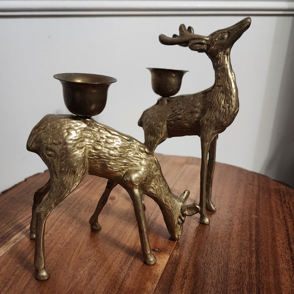 🎄Vintage Brass Reindeer Candle Stick Set